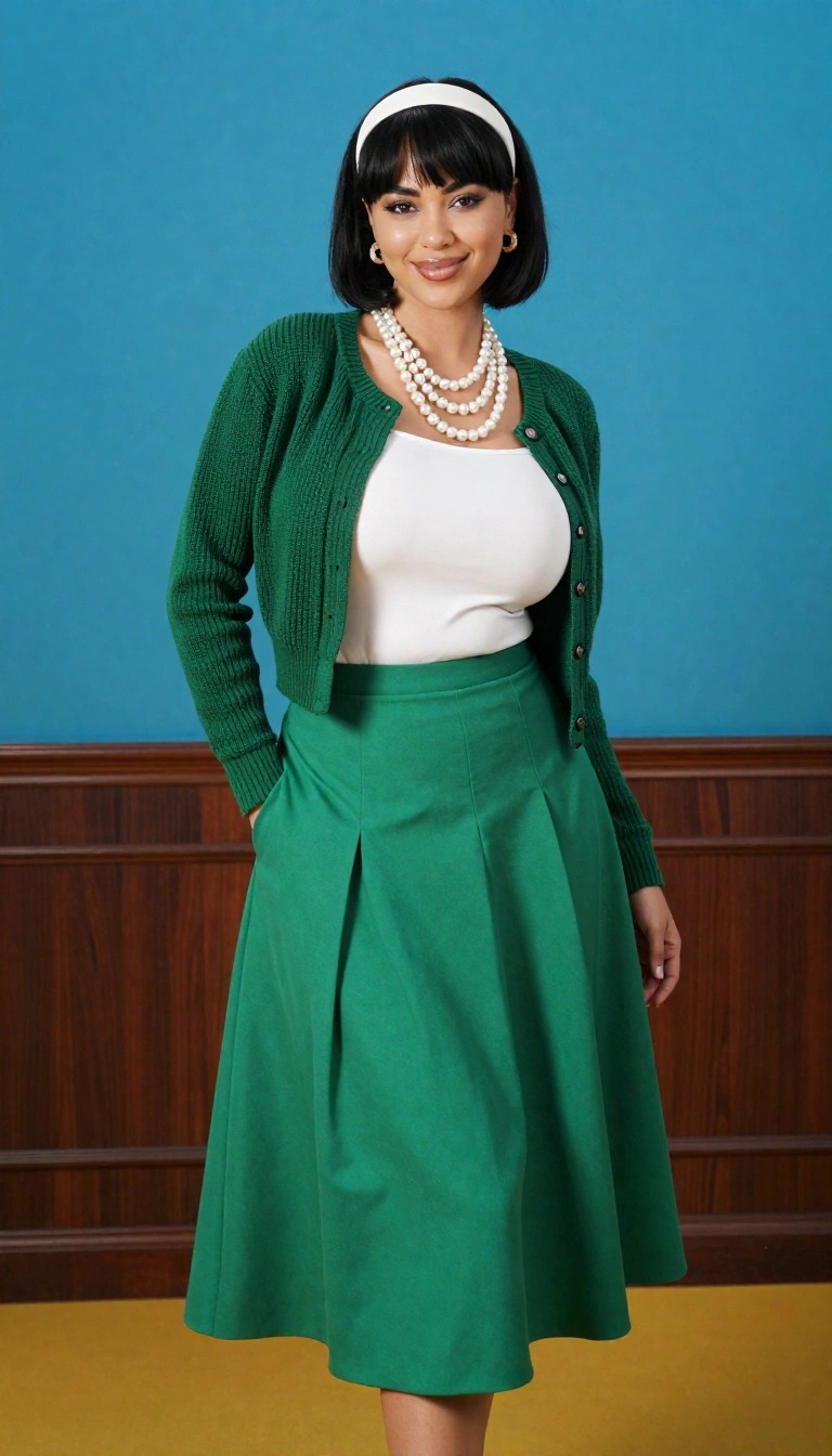 Outfit anni 90 elegante da donna con cardigan verde, top neutro e gonna midi a vita alta, stile vintage raffinato