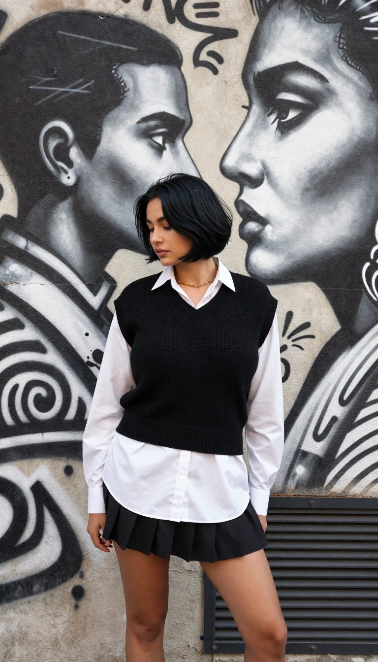 Outfit anni 90 donna con gilet nero, camicia bianca oversize e gonna plissettata, stile preppy vintage