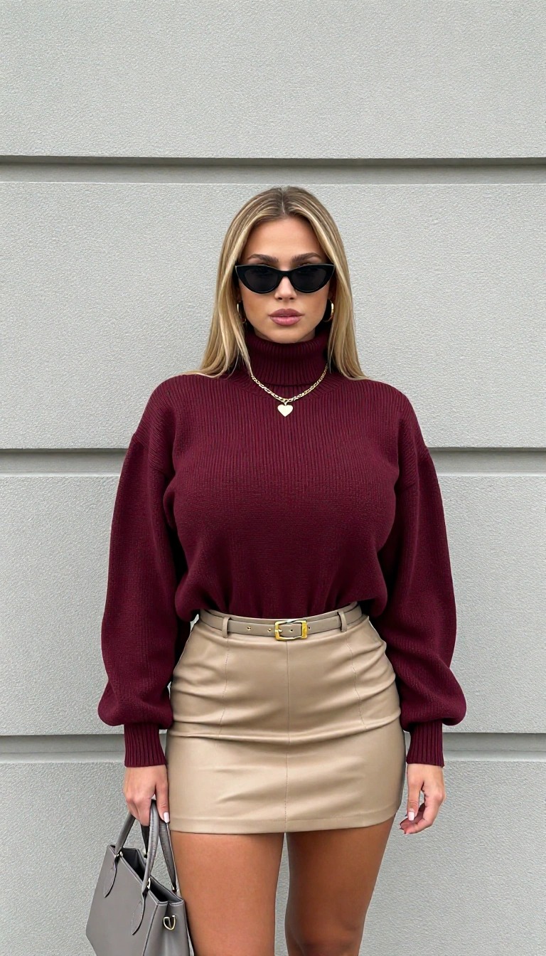 Esempio di abbinamento colori autunnali: donna bionda con occhiali da sole indossa un maglione dolcevita bordeaux e una minigonna in ecopelle beige con cintura dorata.