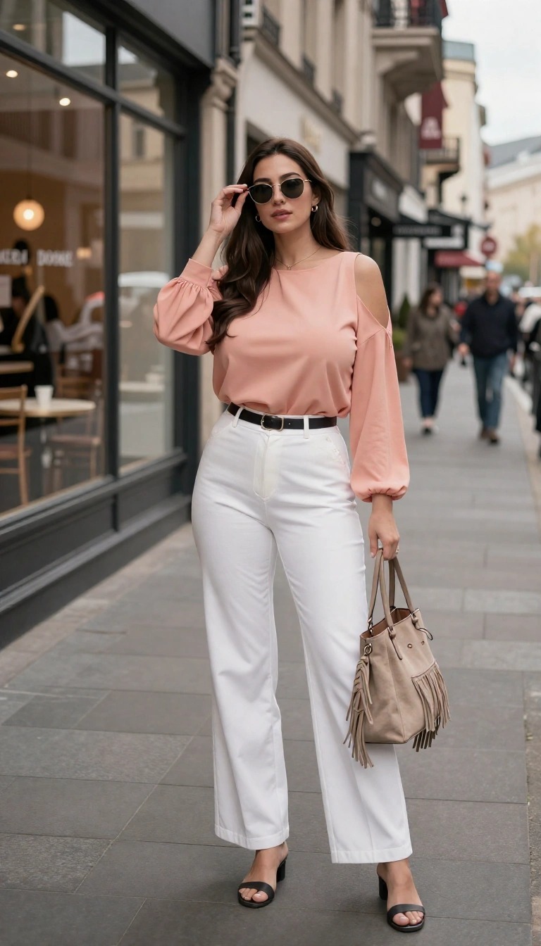 Outfit boho donna: 16 look irresistibili da provare 5 Donna con outfit boho chic in città, blusa rosa con spalle scoperte, pantaloni bianchi a gamba dritta, sandali neri e borsa a secchiello con frange