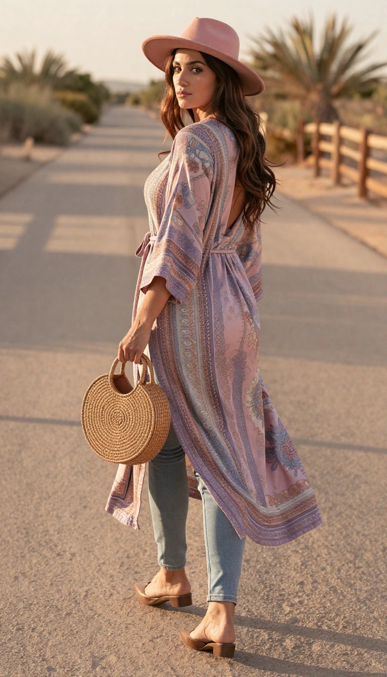 Outfit boho donna: 16 look irresistibili da provare 16 Donna con outfit boho donna, kimono lungo rosa stampato, jeans skinny, cappello a tesa larga e borsa tonda in paglia mentre cammina su una strada al tramonto