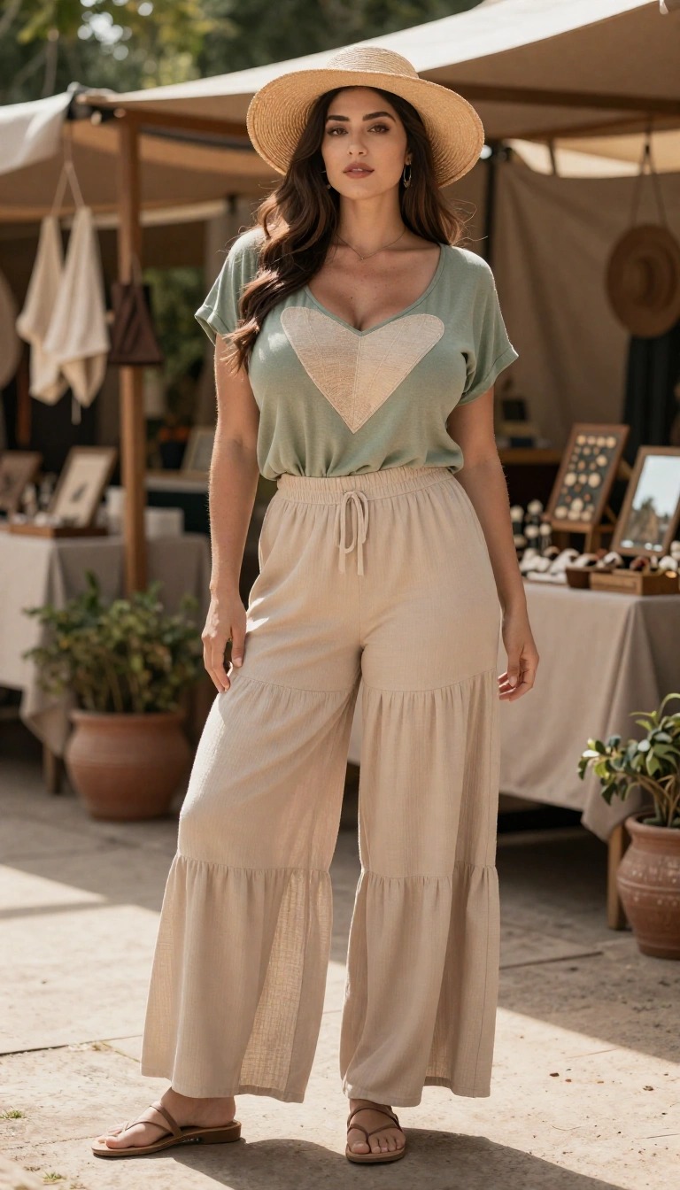 Outfit boho donna: 16 look irresistibili da provare 15 Donna con outfit boho donna, maglia verde con cuore, pantaloni palazzo beige, cappello di paglia e sandali bassi mentre passeggia in un mercatino all’aperto