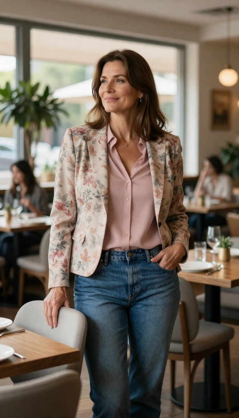 Donna di 50 anni con outfit casual chic, blazer floreale chiaro, camicia rosa e jeans mentre pranza in un ristorante moderno