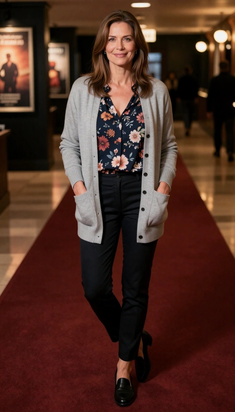 Donna di 50 anni con outfit casual chic, cardigan grigio, blusa floreale scura e pantaloni neri mentre cammina su tappeto rosso in un cinema