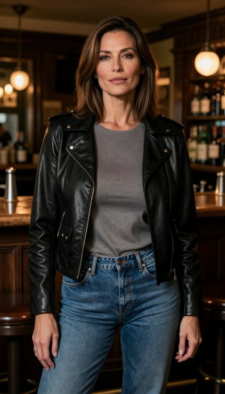 Donna di 50 anni con outfit casual, giacca di pelle nera, maglia grigia e jeans in un locale elegante