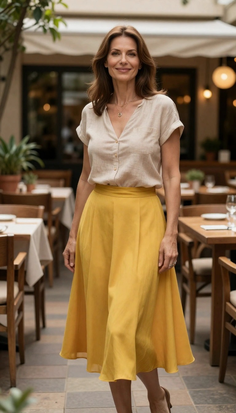Donna di 50 anni con outfit casual chic, camicia in lino beige e gonna midi gialla in un ristorante all’aperto