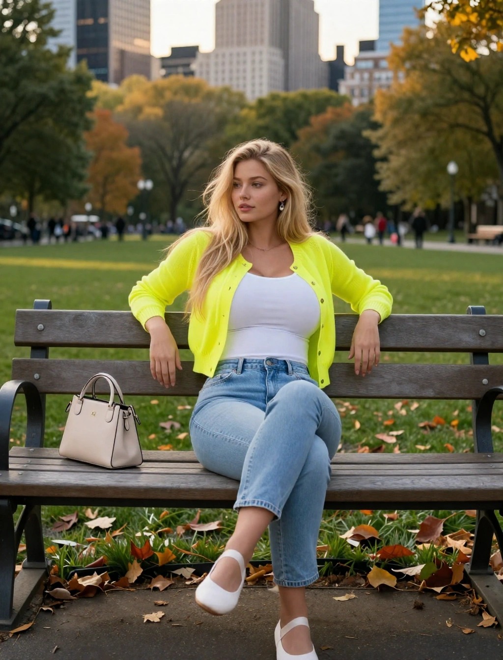 Outfit casual da donna con cardigan giallo fluo, top bianco, jeans chiari e borsa beige, idea look semplice con tocco di colore fluo al parco