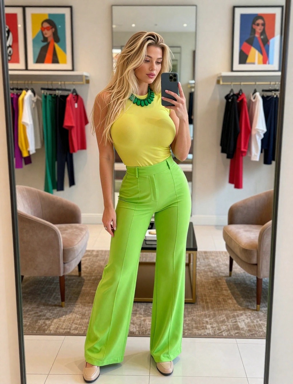 Outfit donna con top giallo fluo e pantaloni verde lime a vita alta, idea look colorato con colori fluo abbinati