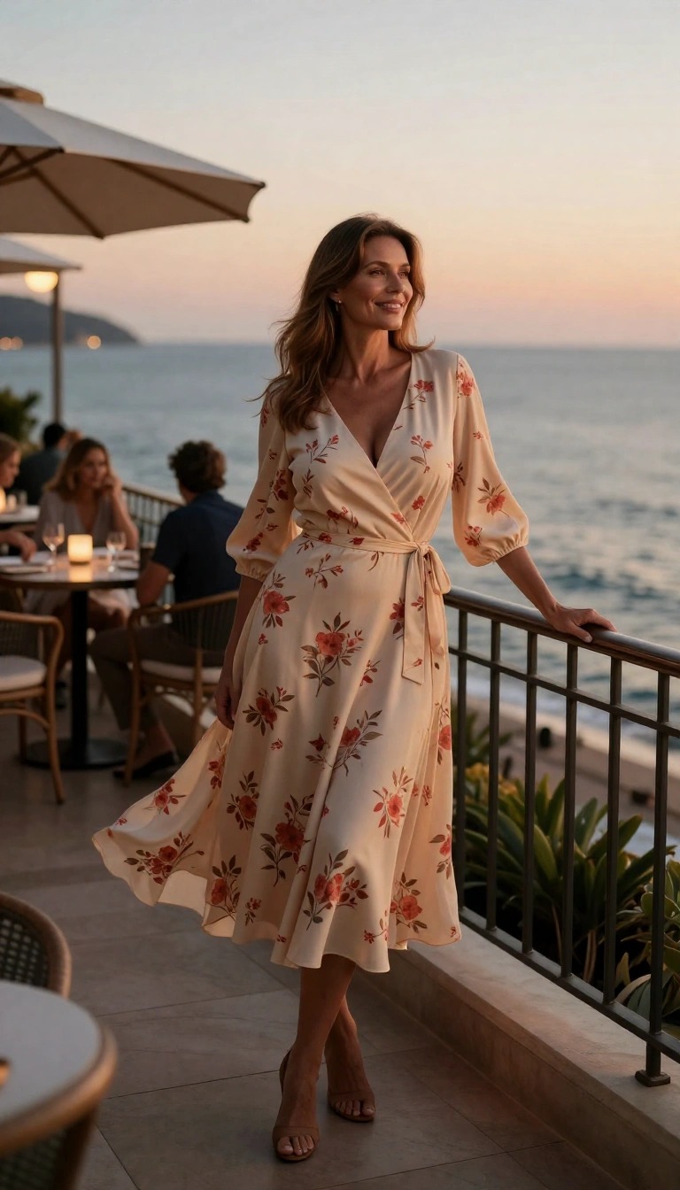 Donna di 50 anni con outfit elegante, abito midi wrap floreale color crema e sandali nude mentre si affaccia sulla terrazza vista mare al tramonto