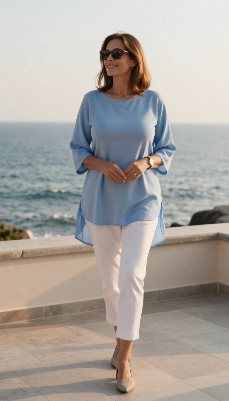 Donna di 50 anni con outfit estivo casual chic, tunica azzurra e pantaloni bianchi mentre passeggia sul terrazzo vista mare