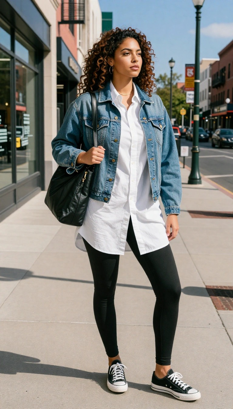 Donna con giacca di jeans, camicia bianca lunga e leggings neri, sneakers nere tipo Converse e borsa shopper nera, look casual urbano mentre cammina in città.