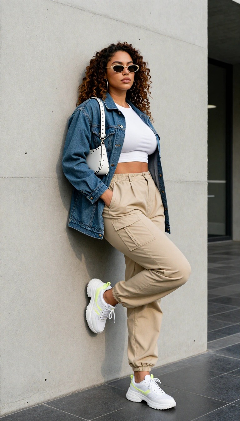 Donna con giacca di jeans oversize, crop top bianco e pantaloni cargo beige, appoggiata a un muro con sneakers chunky bianche e borsa a spalla chiara, look streetwear casual.