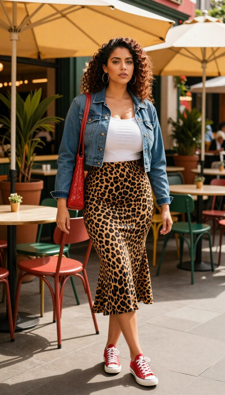 Donna con giacca di jeans corta, top bianco aderente e gonna midi leopardata, abbinate a sneakers rosse e borsa a spalla rossa, mentre cammina in un dehors cittadino.