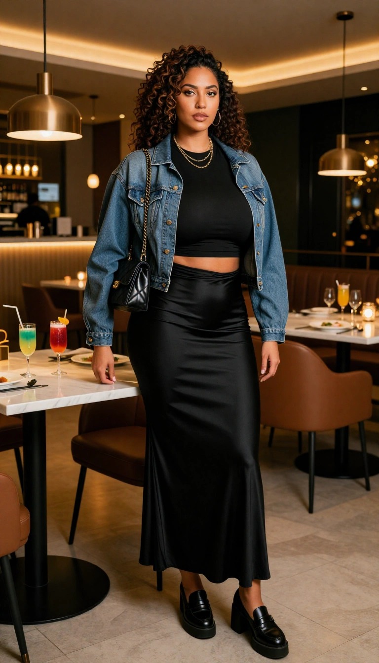 Donna con giacca di jeans corta, crop top nero e gonna lunga nera satinata, mocassini con tacco e borsa a tracolla nera, look elegante da sera in ristorante.