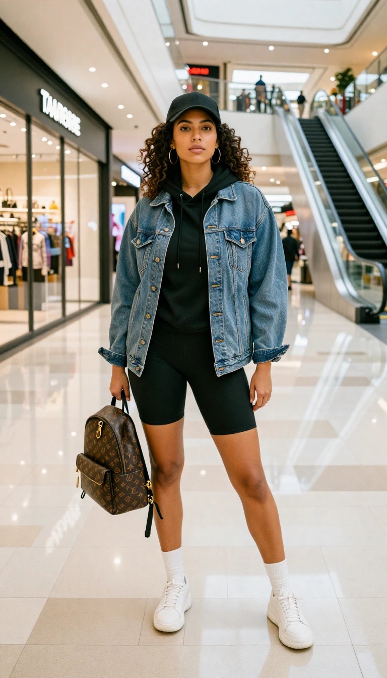 Donna con giacca di jeans oversize, felpa nera e biker shorts neri, sneakers bianche e zaino firmato marrone, look athleisure al centro commerciale.