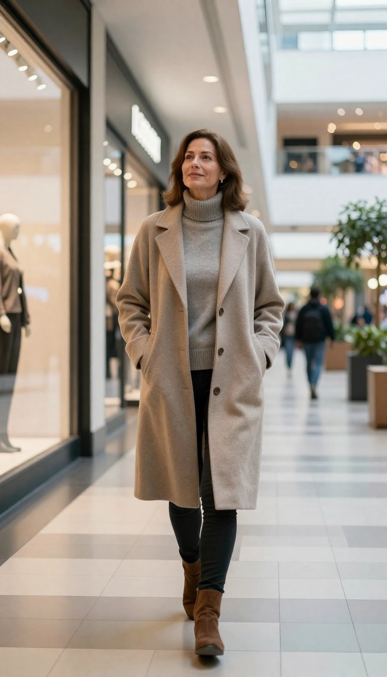 Donna di 50 anni con outfit invernale casual chic, cappotto beige lungo, maglione a collo alto grigio, pantaloni scuri e stivaletti marroni mentre passeggia in un centro commerciale