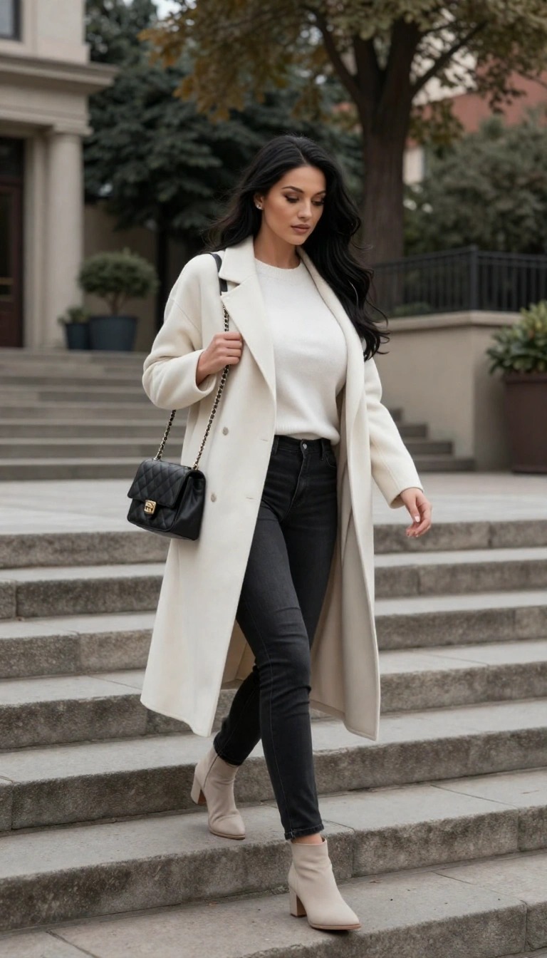 Donna con jeans neri skinny, maglione chiaro e lungo cappotto bianco che scende le scale in città con stivaletti beige e borsa a tracolla nera