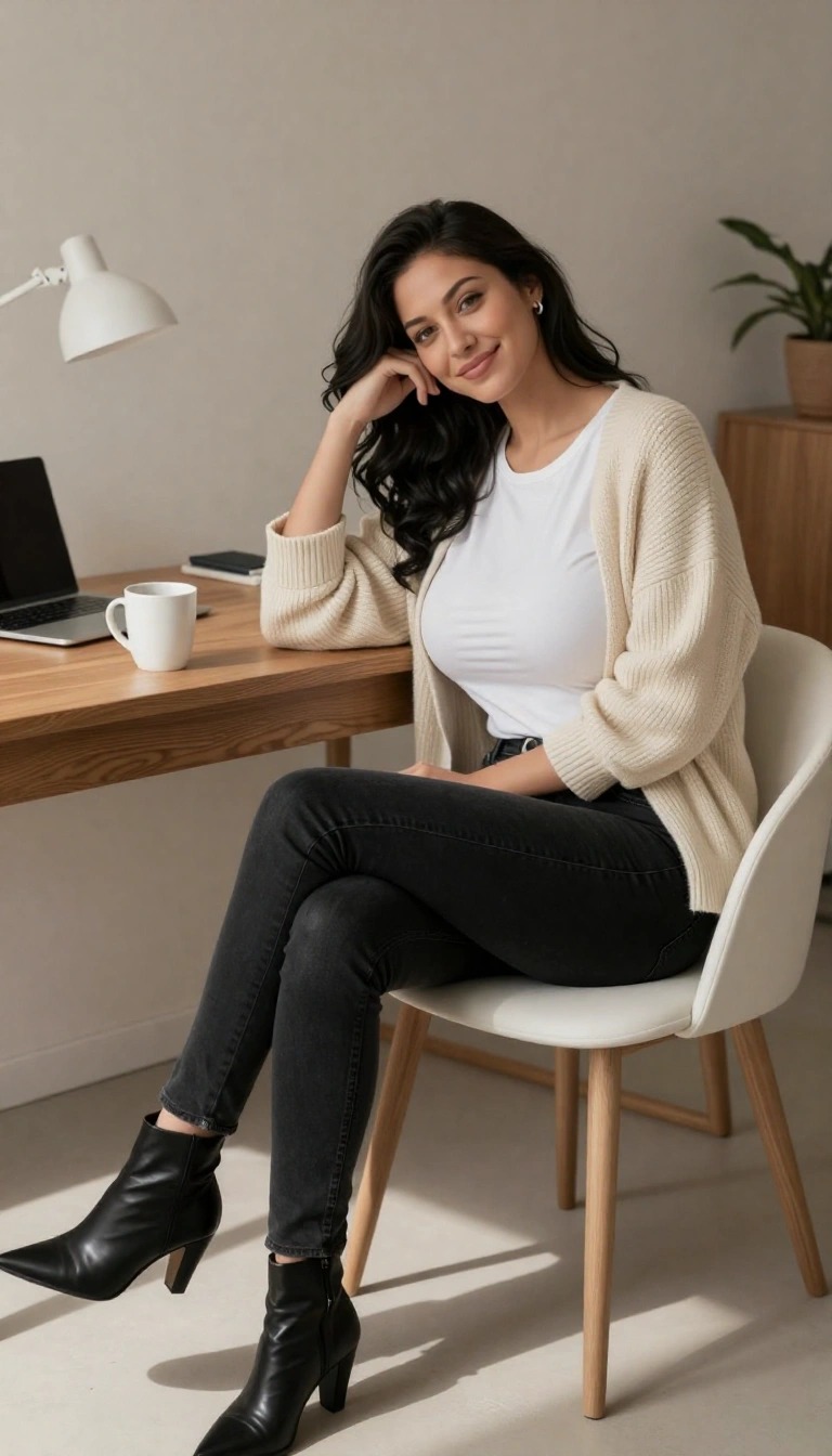 Donna con jeans neri skinny, t-shirt bianca e cardigan panna seduta alla scrivania in home office con stivaletti neri a tacco alto