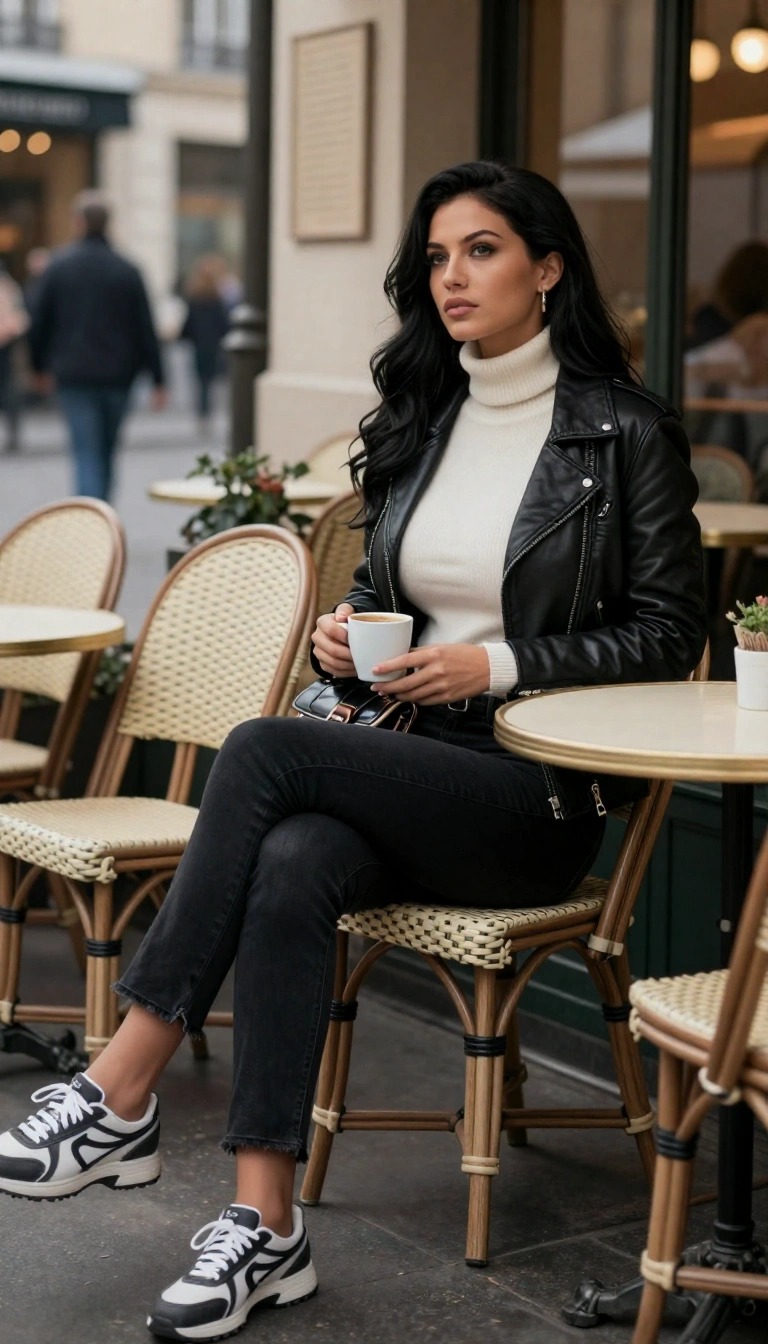Donna con jeans neri, dolcevita bianco e giacca di pelle nera seduta al tavolino di un bar all’aperto mentre beve un caffè con sneakers bianche e nere