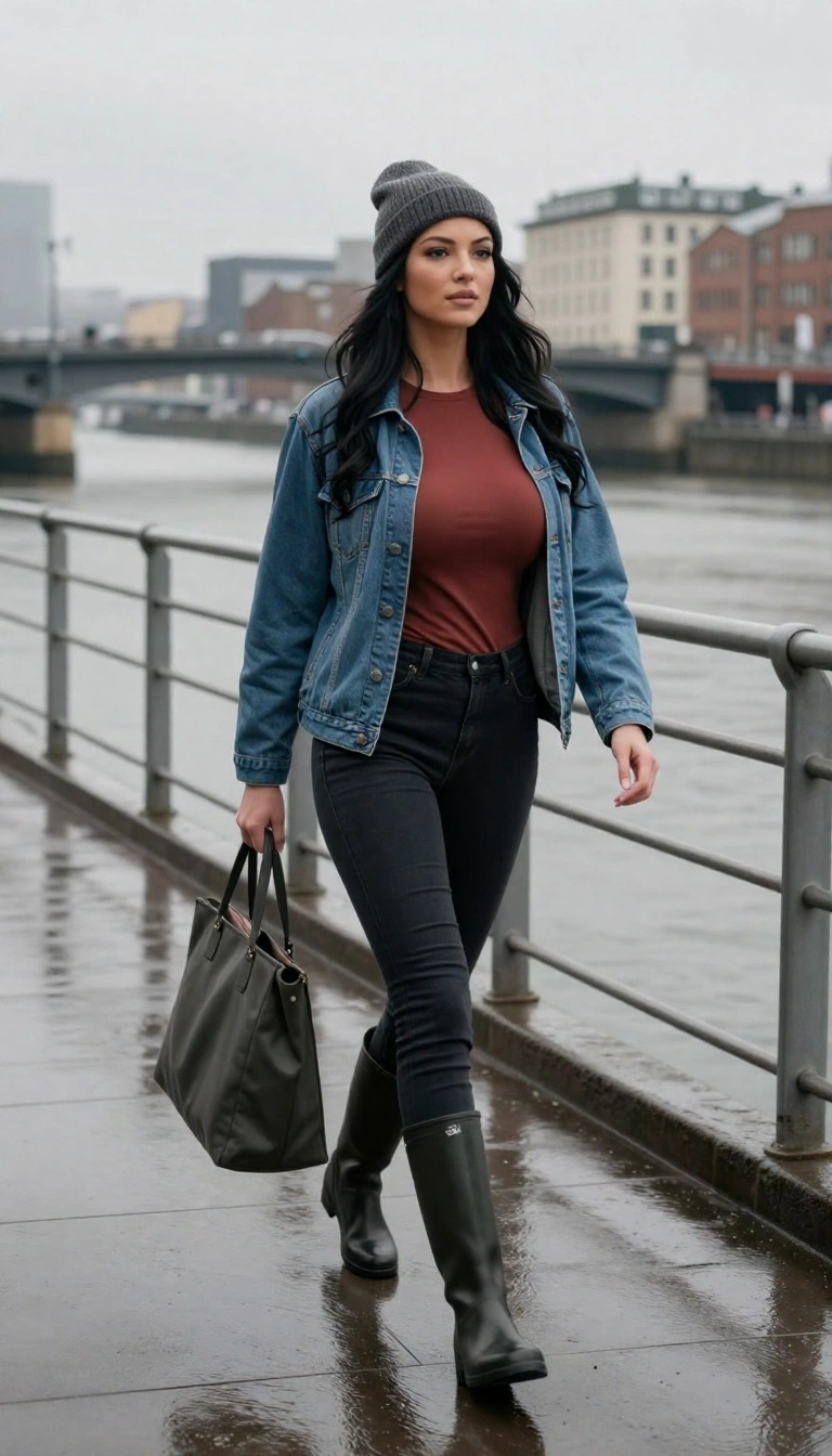 Donna con jeans neri skinny, maglia color ruggine e giacca di jeans che cammina sul lungofiume in una giornata di pioggia con stivali di gomma scuri, tote bag e berretto grigio