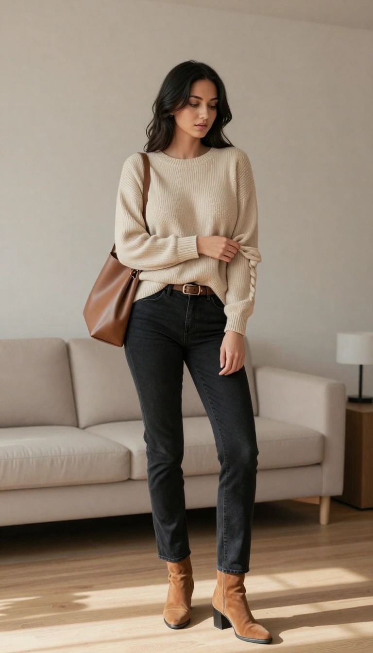 Donna con jeans neri, maglione beige in maglia e stivaletti color cammello in salotto con borsa a spalla marrone