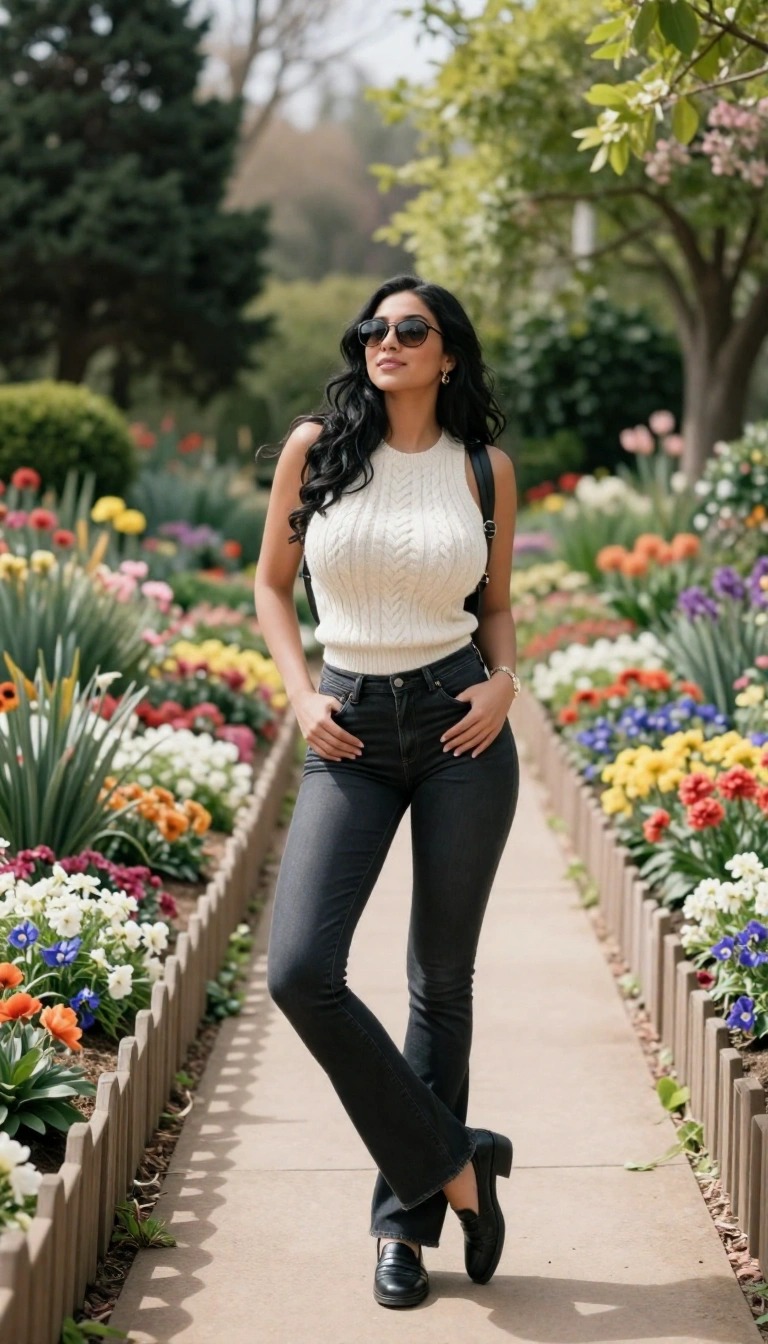 Donna con jeans neri svasati, top in maglia bianco senza maniche e mocassini neri che passeggia in un giardino fiorito con occhiali da sole