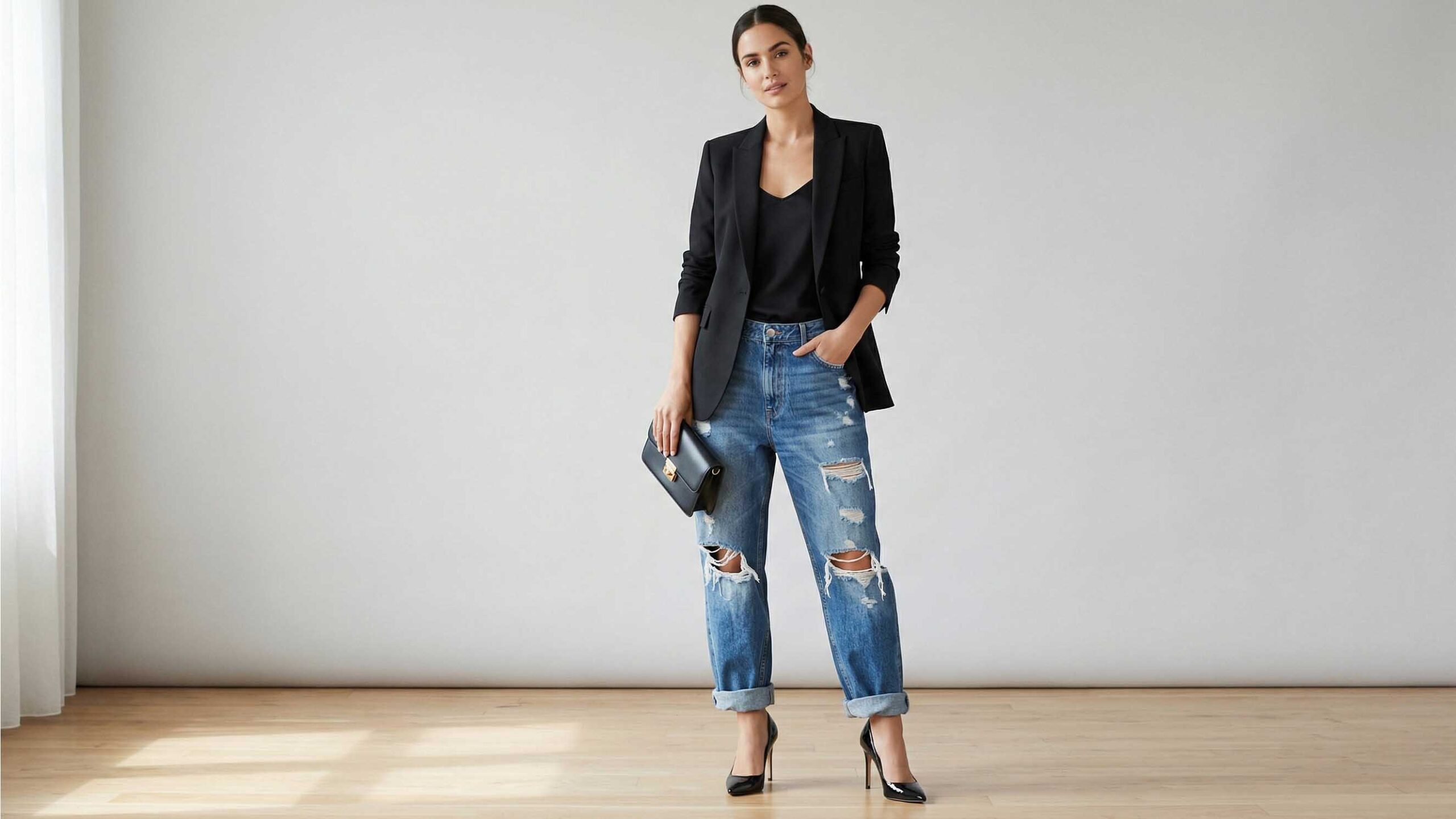 Look elegante femminile con jeans strappati fai da te, blazer nero e tacchi a spillo.