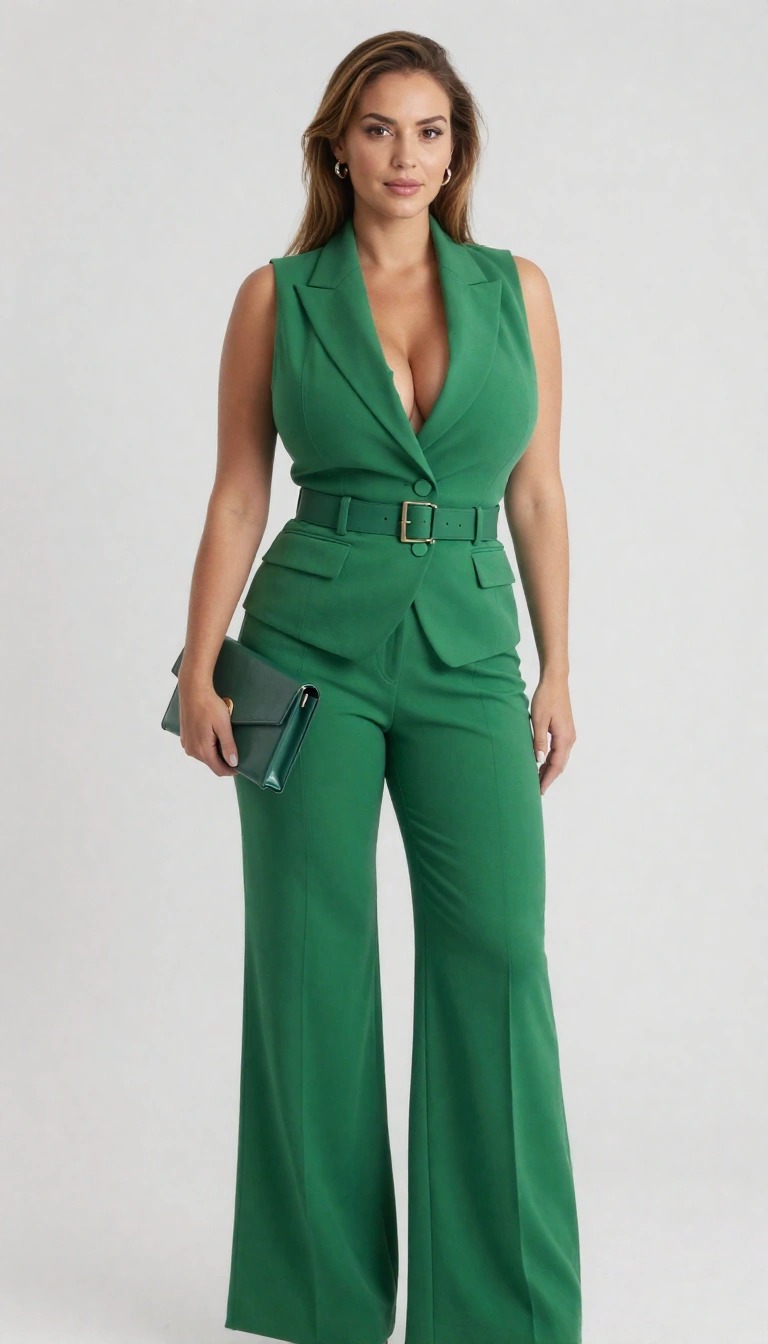 Outfit primavera donna con completo verde elegante composto da blazer senza maniche e pantaloni a vita alta, look femminile sofisticato e moderno