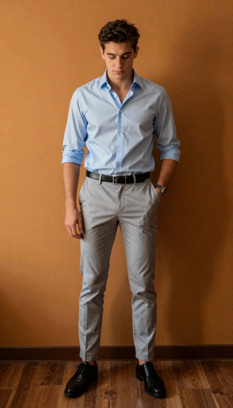 11 Outfit Ragazzo Festa 18 Anni: Idee e Look per la tua Festa 5 Giovane uomo in posa all'aperto su una balconata al crepuscolo, sorridendo. Indossa un outfit casual elegante per una festa di 18 anni, composto da una camicia azzurra con maniche arrotolate e pantaloni grigi, con una città costiera sullo sfondo.