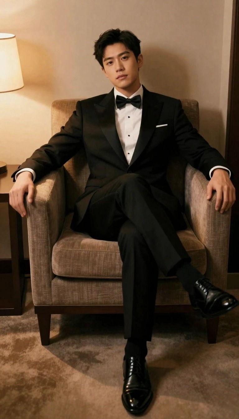 11 Outfit Ragazzo Festa 18 Anni: Idee e Look per la tua Festa 13 Ragazzo seduto in poltrona che indossa uno smoking nero classico (tuxedo) con papillon e camicia bianca per un outfit da festa di 18 anni formale.