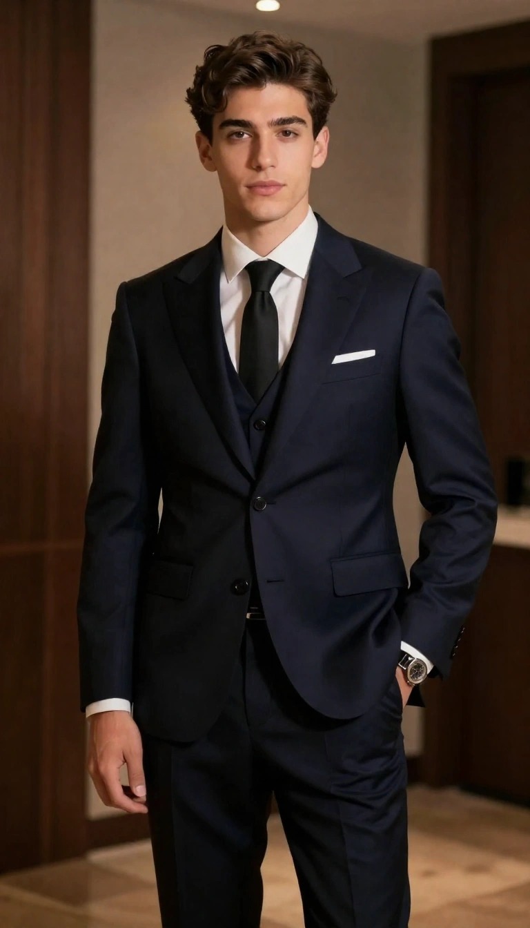 11 Outfit Ragazzo Festa 18 Anni: Idee e Look per la tua Festa 14 Un ragazzo sorridente seduto indossa un completo tre pezzi blu navy con gilet, camicia bianca e cravatta nera sottile per un outfit da festa di 18 anni elegante.