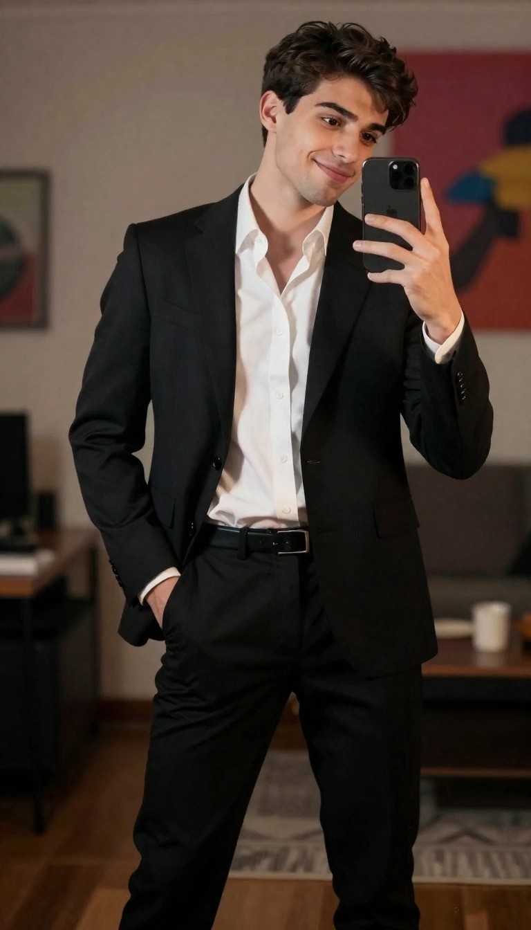 11 Outfit Ragazzo Festa 18 Anni: Idee e Look per la tua Festa 1 Ragazzo che indossa un completo nero elegante con camicia bianca sbottonata per una festa di 18 anni.