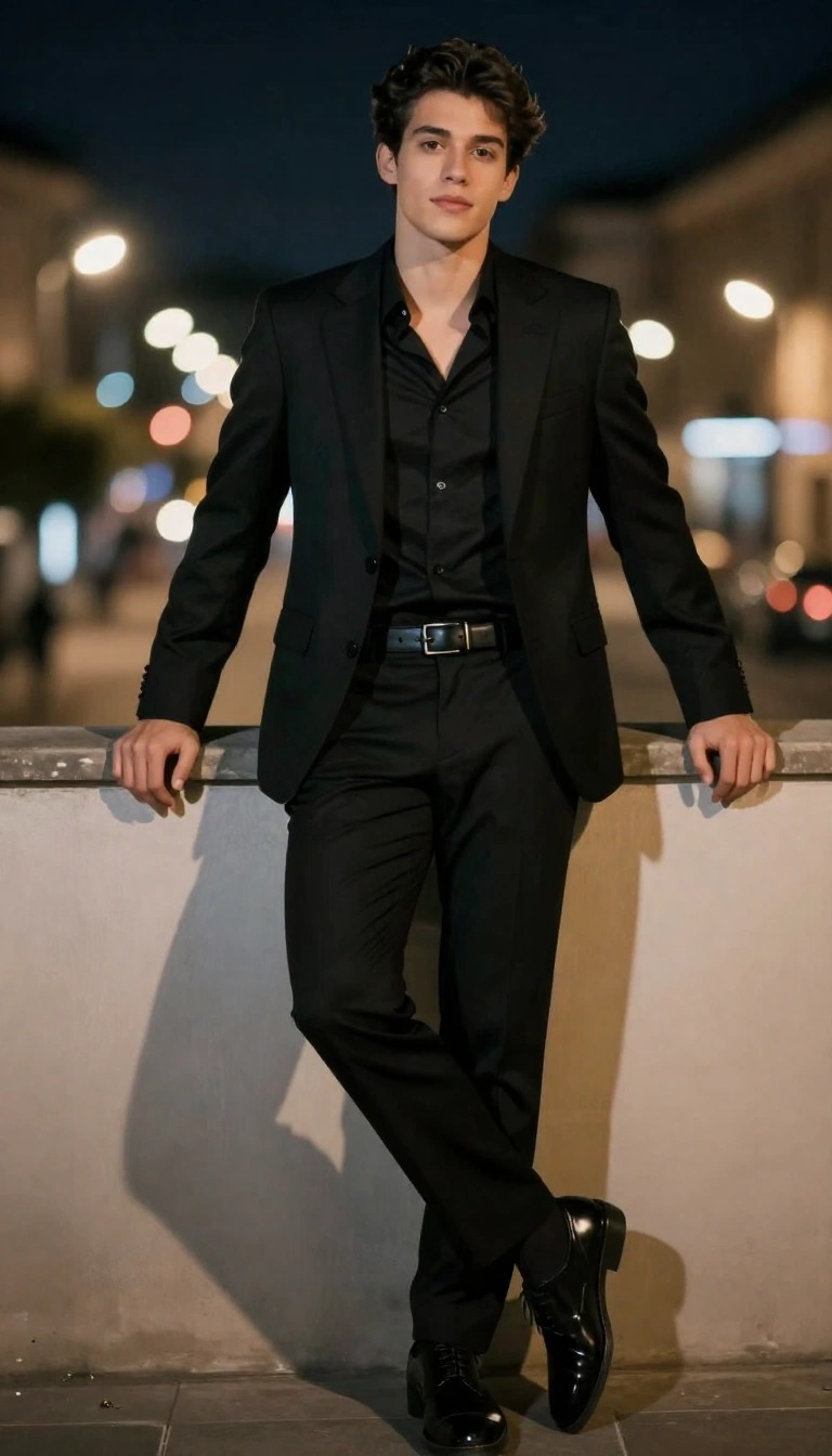 11 Outfit Ragazzo Festa 18 Anni: Idee e Look per la tua Festa 9 Ritratto di un ragazzo seduto in una poltrona vintage, che indossa un completo elegante total black con camicia, cravatta e scarpe nere lucide per una festa di 18 anni.