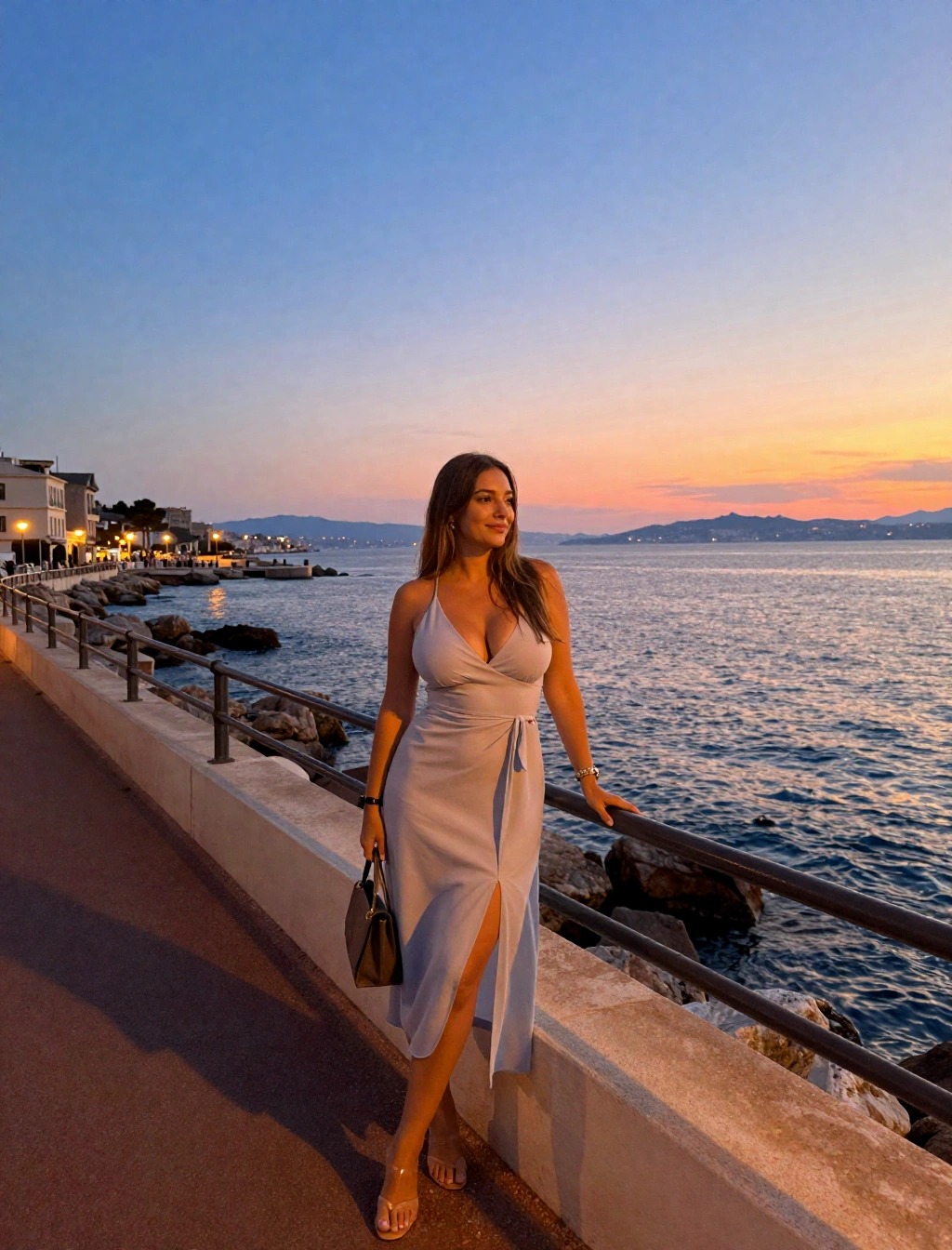 Donna con abito midi chiaro con spacco sul lungomare di Marsiglia al tramonto, idea di outfit elegante per la sera