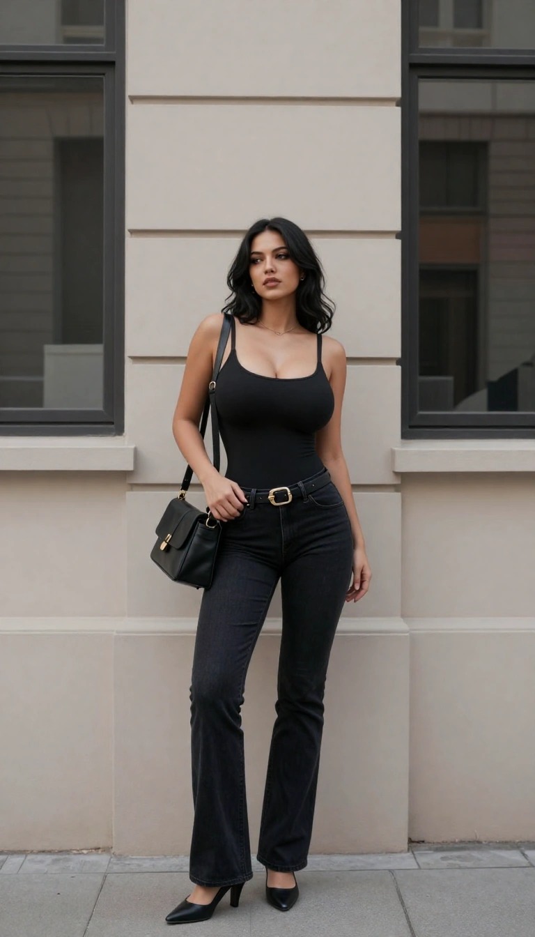 Donna con jeans neri a zampa, body nero a spalline sottili e décolleté a punta che posa in città con borsa a tracolla nera