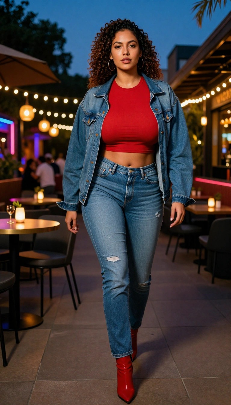 Donna con giacca di jeans oversize, crop top rosso e jeans skinny, cammina di sera in un locale all’aperto con stivaletti rossi a punta.
