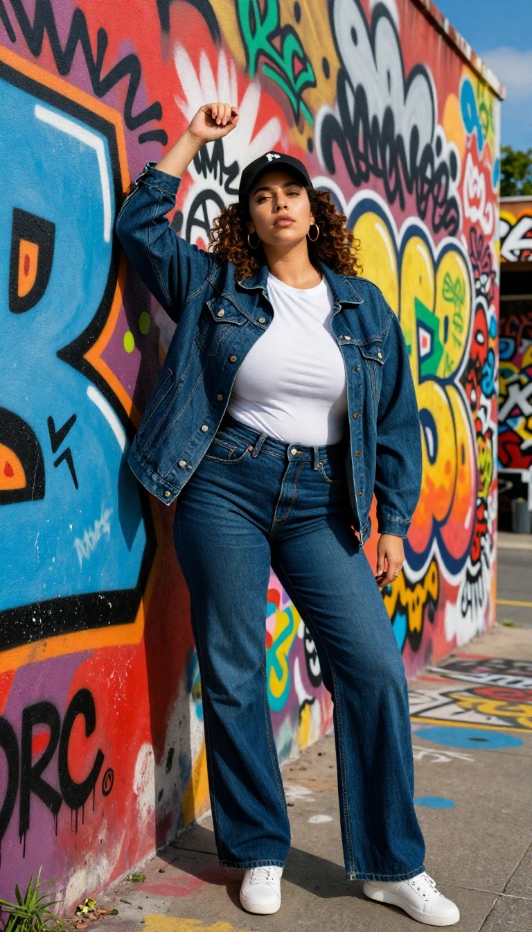Donna con giacca di jeans e jeans svasati in denim scuro, t-shirt bianca e sneakers bianche, cappellino nero, posa davanti a un muro con graffiti colorati in stile streetwear.