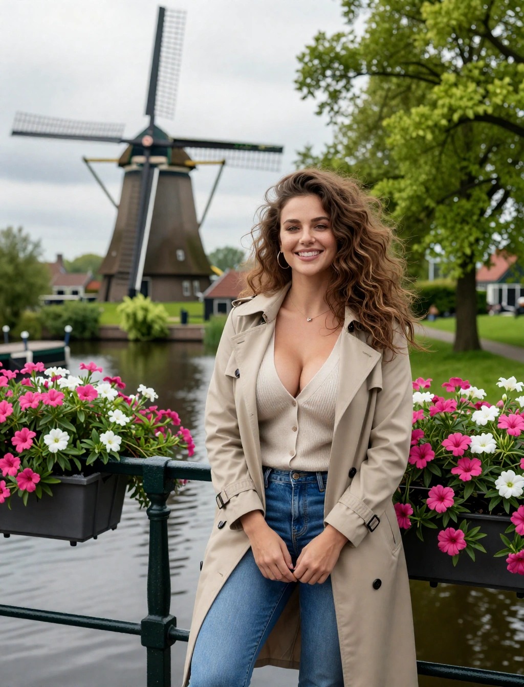 Donna con outfit casual chic indossa trench beige e jeans davanti a un mulino olandese, look elegante da viaggio primaverile