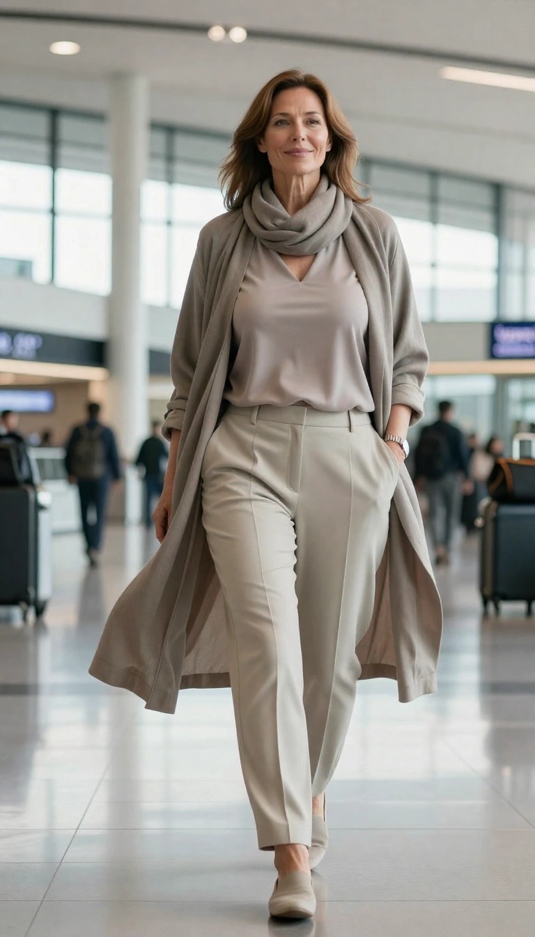 Donna di 50 anni con outfit da viaggio monocromatico, cappotto leggero e pantaloni beige con top coordinato e mocassini mentre cammina in aeroporto