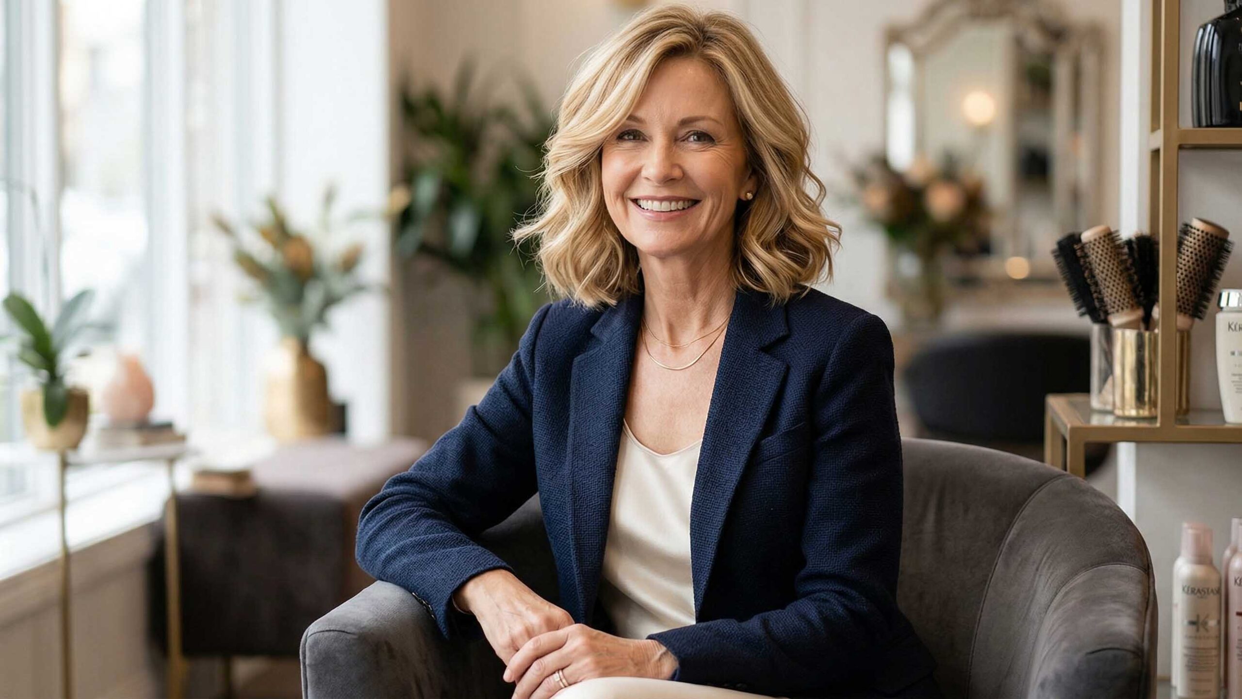 Donna di 50 anni con un taglio caschetto (Long Bob) biondo, leggermente scalato e mosso.