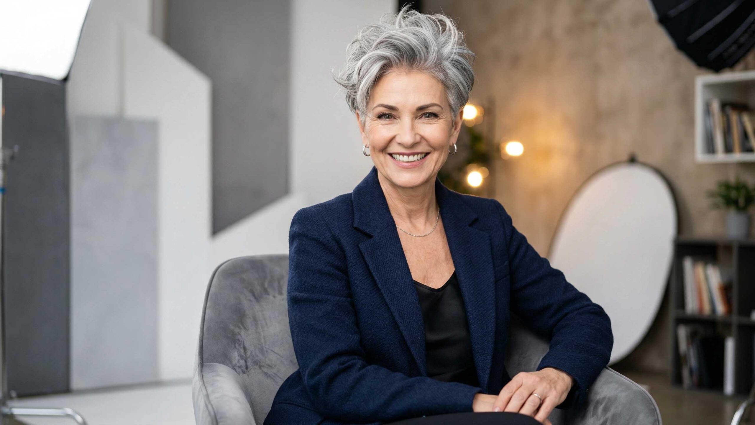 Taglio corto Pixie Cut moderno e volumizzato su una donna cinquantenne con capelli grigi.