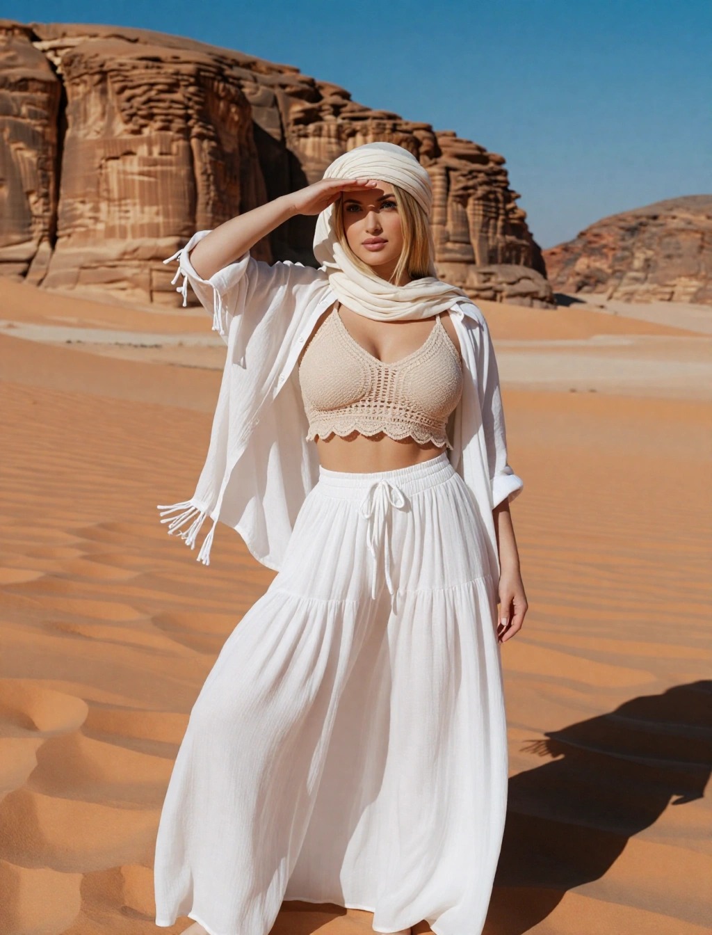 Outfit bianco per foto nel deserto di Marrakech: gonna lunga ampia, top crochet e turbante per proteggersi dal sole