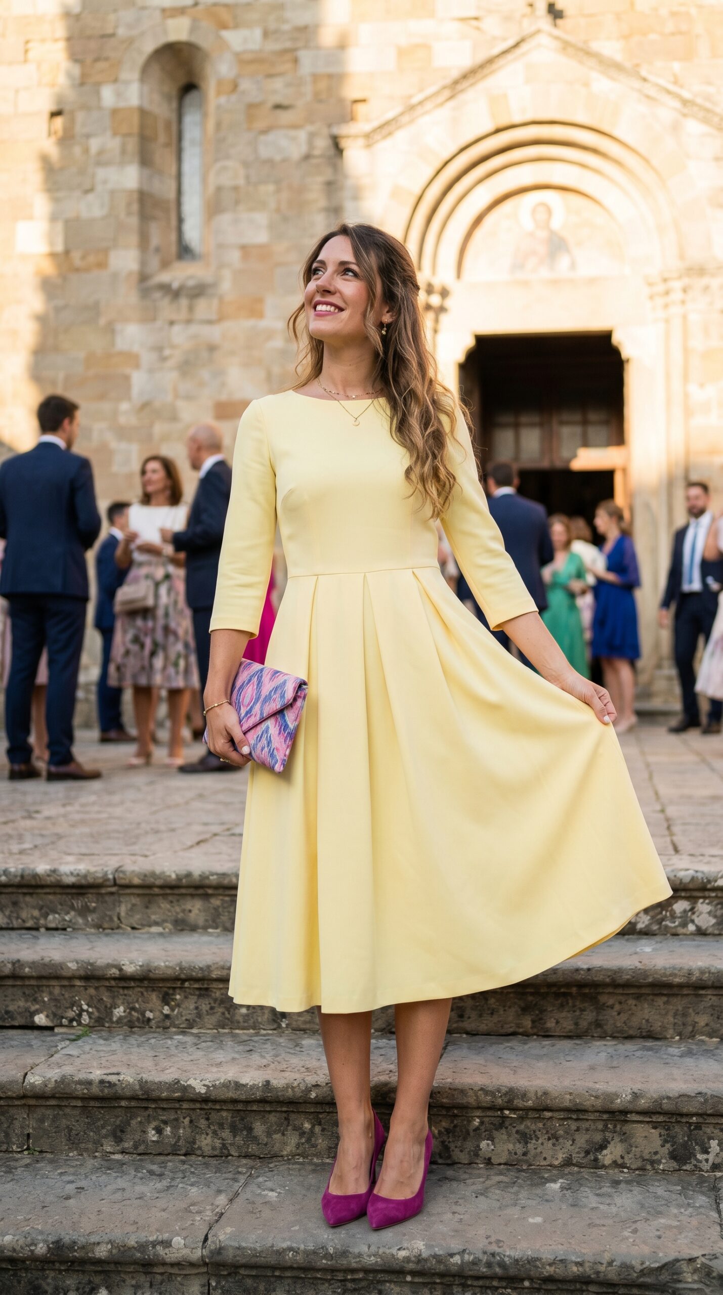 Invitata elegante indossa un abito midi giallo pastello con gonna svasata e maniche a tre quarti, abbinato a scarpe fucsia e pochette colorata.
