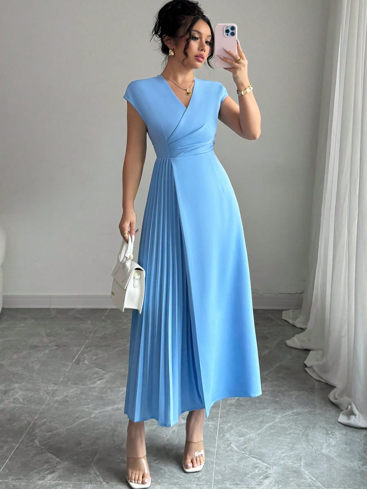 Elenzga Abito da donna elegante e minimalista, scollo a V, vita avvolta, plissettato