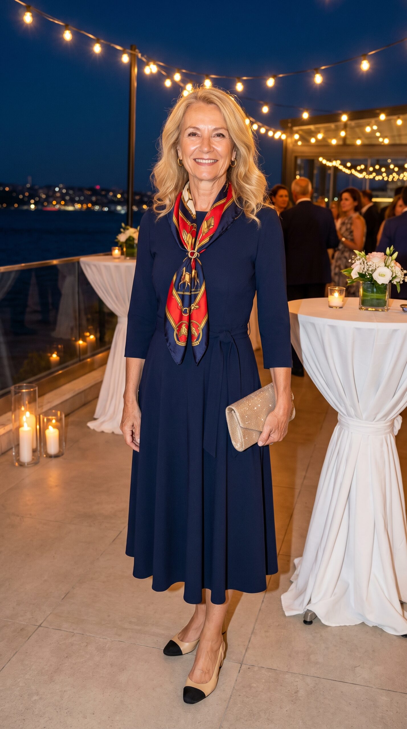 Signora raffinata con un abito midi blu navy a ruota, arricchito da un foulard in seta con stampe rosse e oro annodato al collo, pochette dorata e scarpe bicolore beige e nere ad un evento serale.