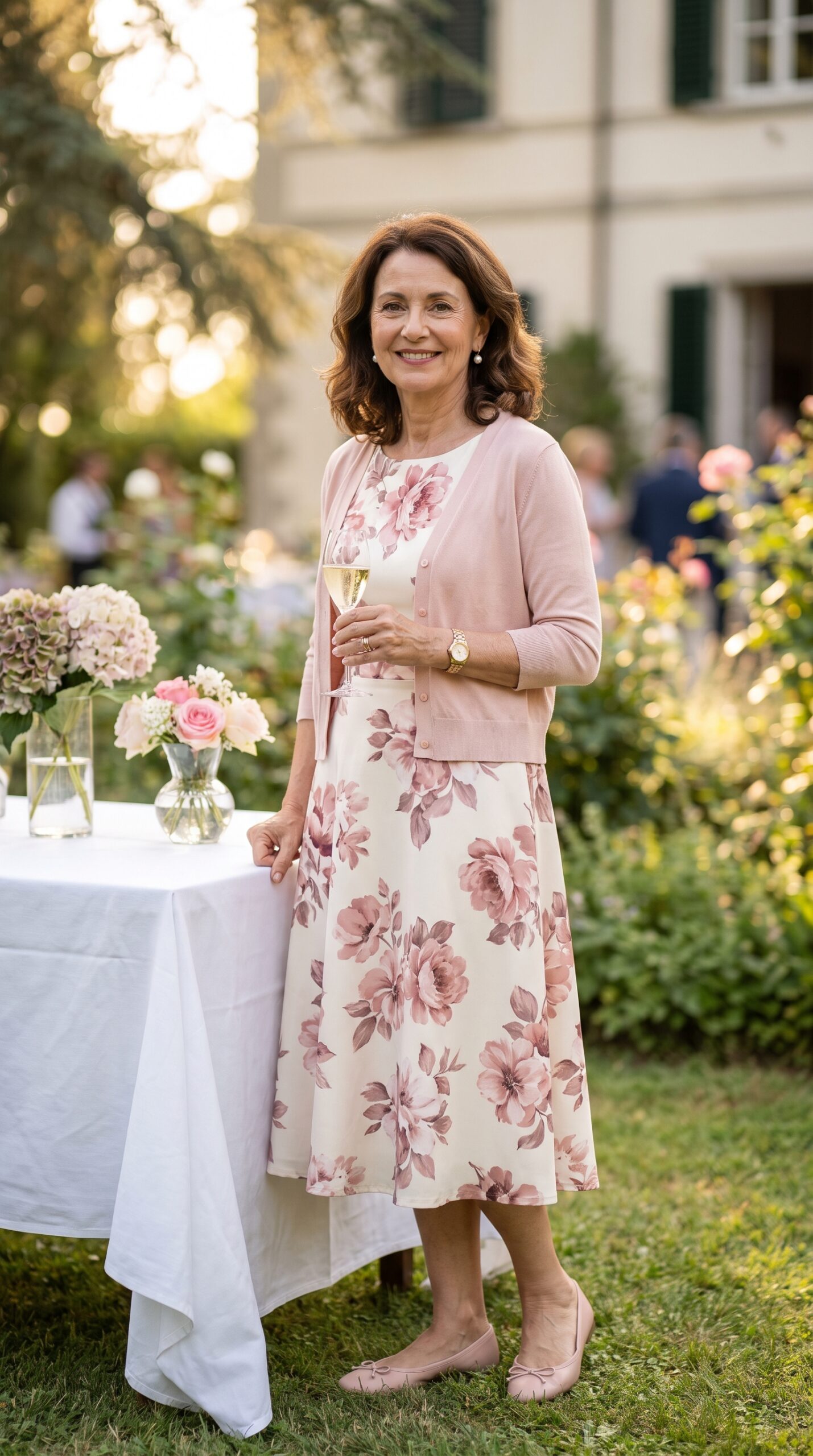 Elegante signora ad un ricevimento all'aperto, con in mano un bicchiere di vino, indossa un abito midi con stampa a grandi fiori rosa antico, cardigan corto rosa cipria e ballerine abbinate.