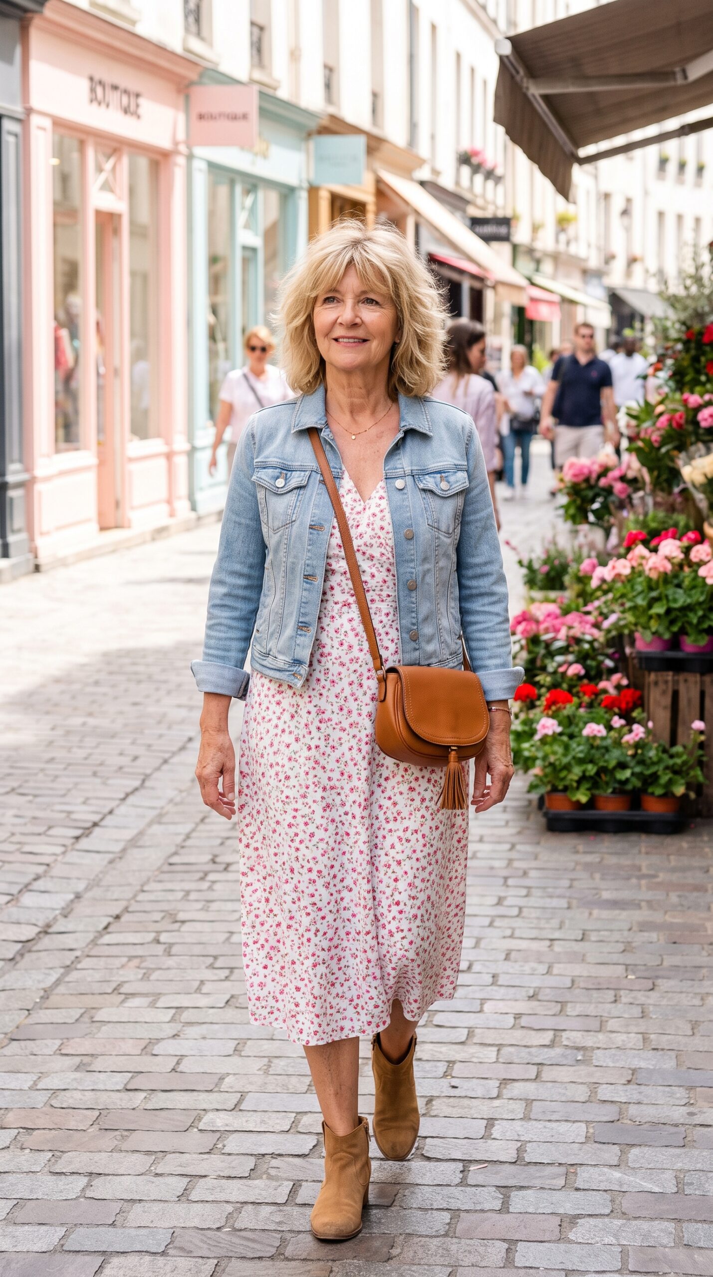 Signora sorridente che indossa un abito midi a fiori bianchi e rosa, una giacca di jeans chiara, stivaletti scamosciati e una borsa a tracolla cuoio in una via cittadina.