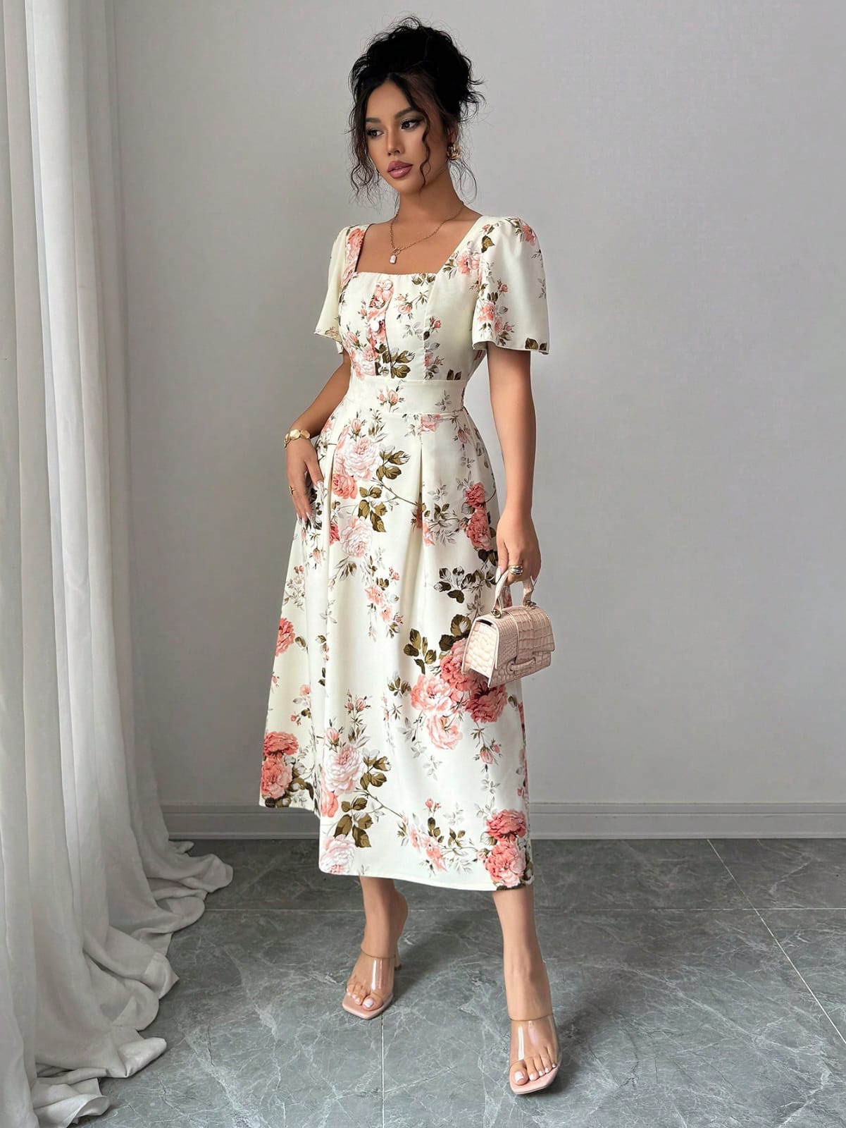 Elenzga Abito elegante da donna con stampa floreale, scollo quadrato e maniche a volant