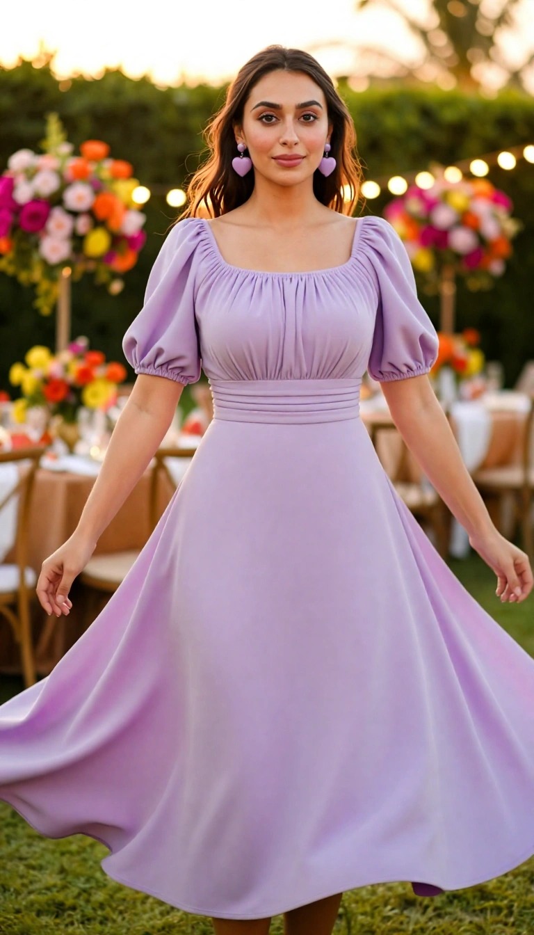 Abito midi lilla lavanda a ruota con scollo quadrato e maniche a palloncino, outfit romantico da invitata per comunione in giardino estate 2026