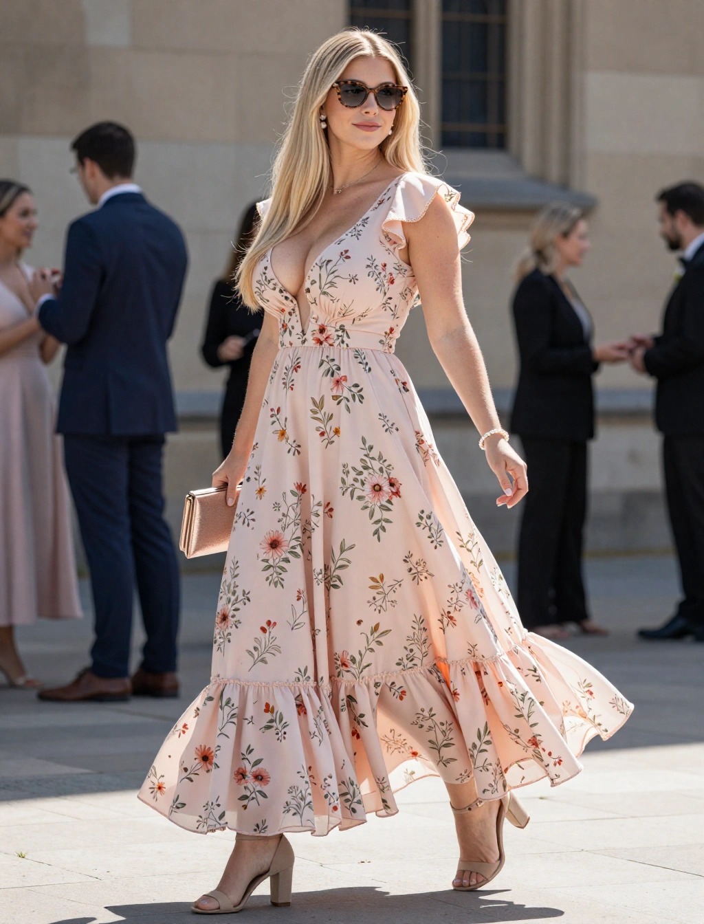 Abito lungo a fiori color pesca con balze, outfit romantico per invitata a comunione estiva all'aperto